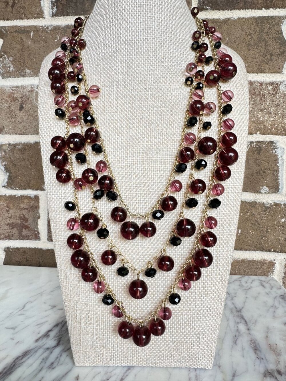 Talbots Beaded Bauble Necklace Purple Ruby Wine Pink Colored Chunky Gold Toned